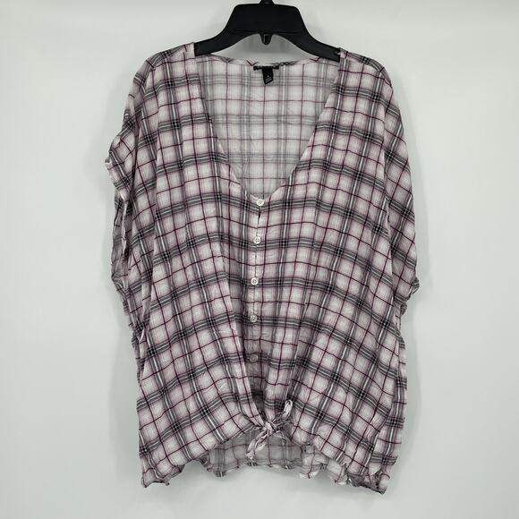 Torrid Purple Plaid Challis Tie Fromt Midi Dolman Blouse Size 1 1X - Picture 2 of 8